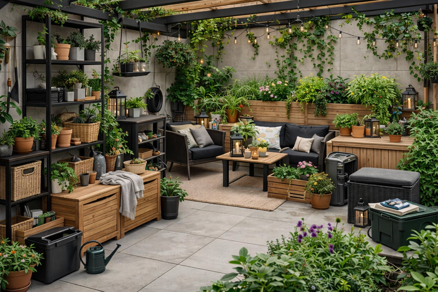 Terraza con guirnaldas LED, muebles de exterior y plantas decorativas