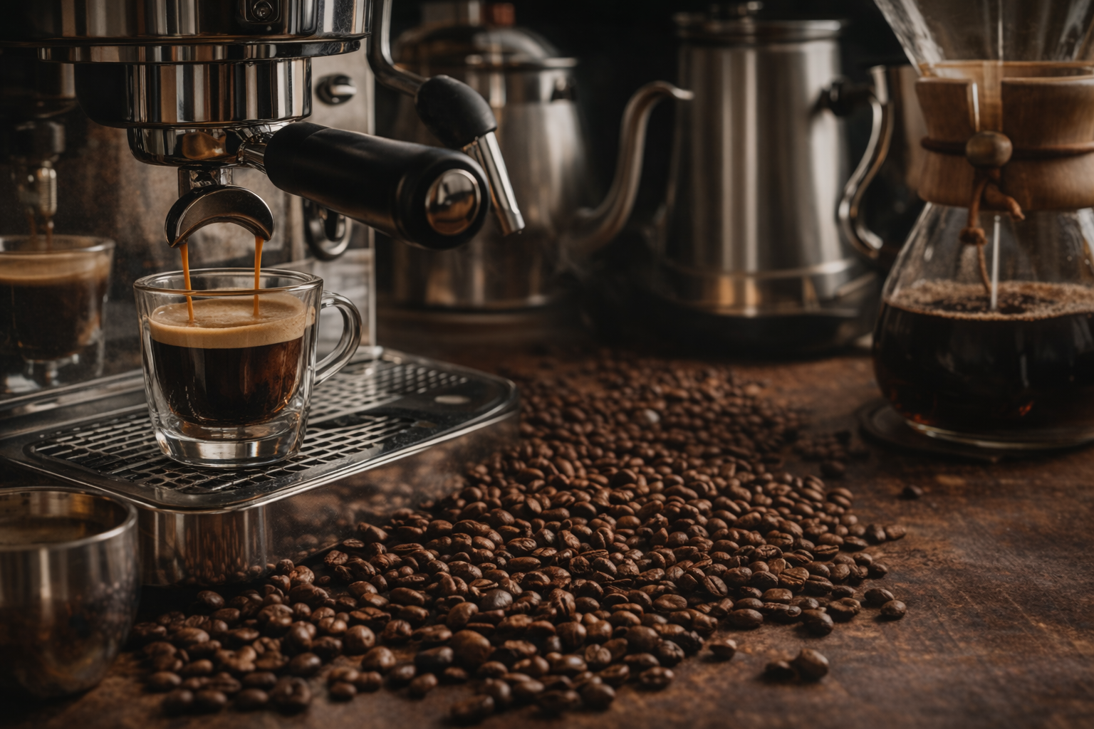 Cafeteras automáticas, espresso y café en grano recién molido sobre mesa rústica